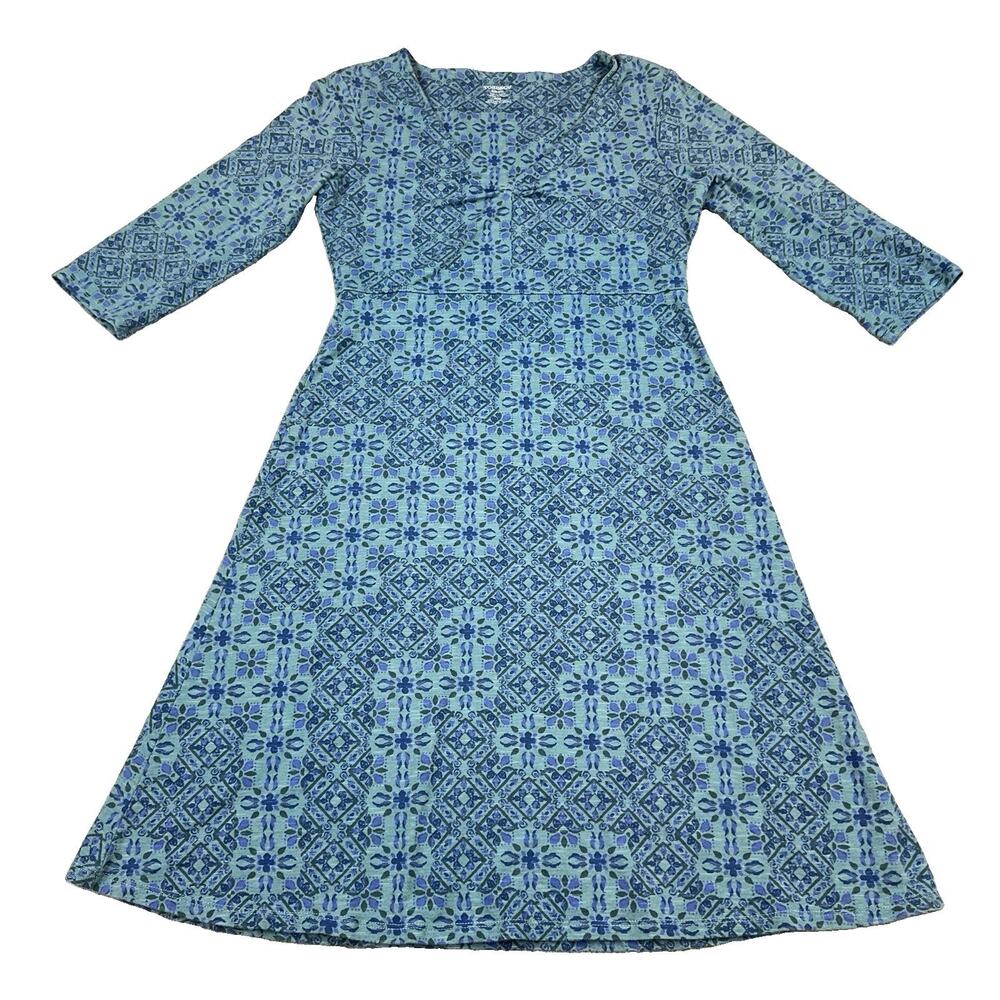 TOAD&CO Rosalinda Dress Small Blue Green Geometric Floral 3/4 Sleeve Eco